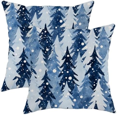 Pine Trees Throw Pillow Covers Set of 2, Winter Rustic Snowflakes Blue