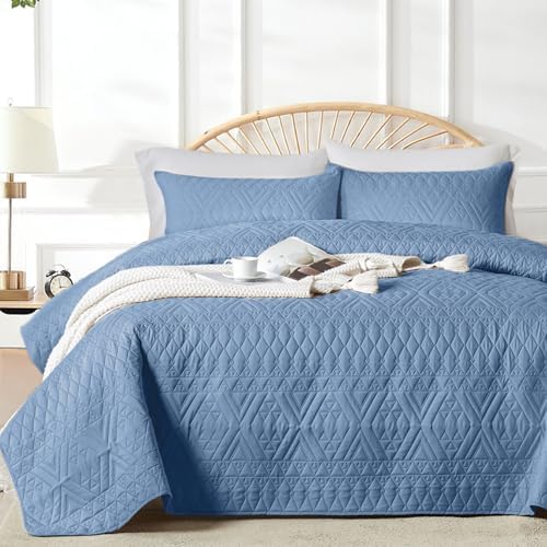 akkialla Full/Queen Quilt Set, Boho Style in a Solid Color, Bluish