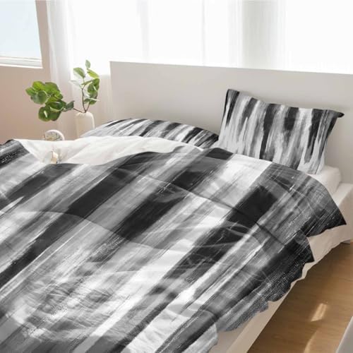 Duvet Cover Set Queen, Minimalist Black Gray Texture 3 Piece Bedding