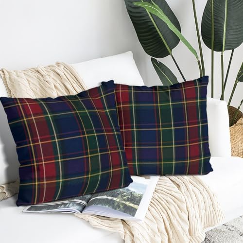 Dark Plaid Pillow Cover Navy Green Tartan 22x22 Inch Set of 2 Cotton