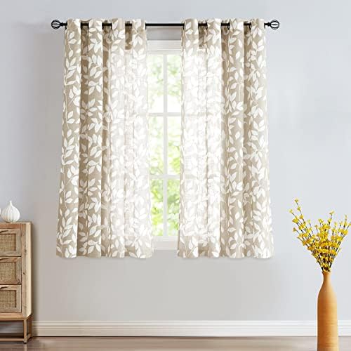 Leaf Print Semi Sheer Curtains 52x63" Living Room Taupe White Window