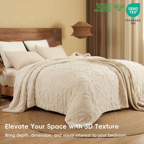 PHF Soft Sherpa Fleece Blanket King, Tufted Jacquard, 01-Oat Milk
