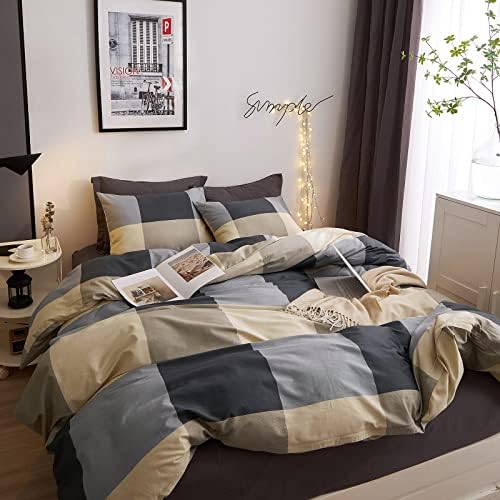 VM VOUGEMARKET Full Comforter Set,3 Pieces Black Gray Plaid Bedding