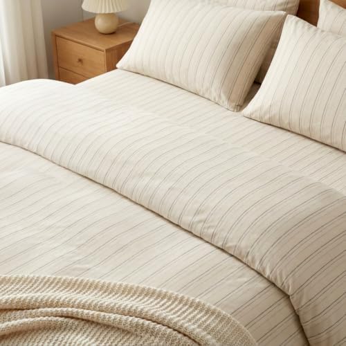 Lavien Home 100% Turkish Cotton Duvet Cover Set Queen, Striped Beige