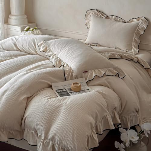Linen Cotton Duvet Cover King,French Ruffled Bedding Set 3pcs