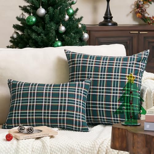 Green Christmas Tartan Plaid Decor Throw Pillow Covers 18x18 Set of 2