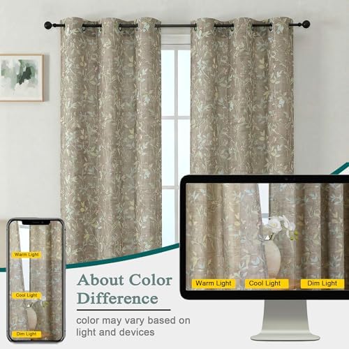 OWENIE Taupe Light Filtering Floral Curtains 84 Inches Long 2 Panels