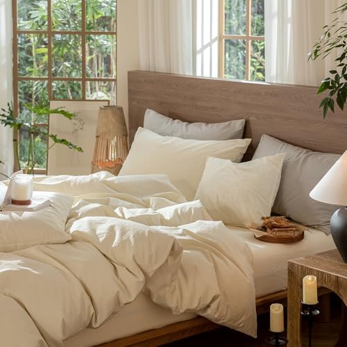 MooMee Jacquard Duvet Cover Set 100% Washed Cotton Linen Like King