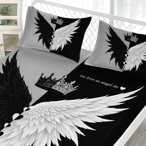 AILONEN Crowned Feather Wings Fitted Sheet Set Twin XL, Black White