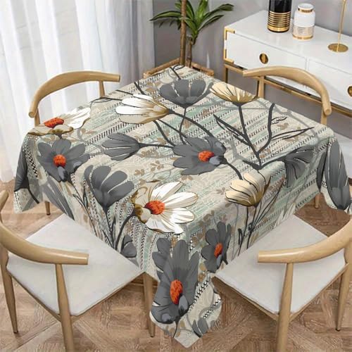 Grey and White Floral Print Square Table Cloth, Waterproof Duty Vinyl