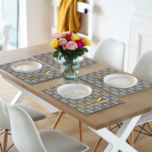 Grey Boho Placemats Set of 6, Washable PVC Kitchen Table Mats Place