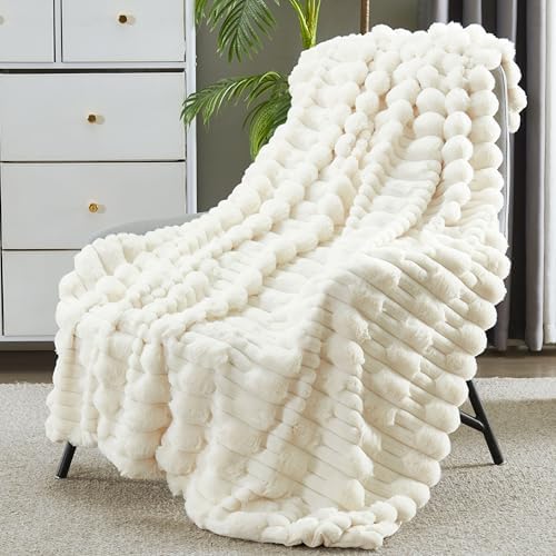 JONIYEAR Soft Fluffy Striped Faux Rabbit Fur Throw Blanket for Couch