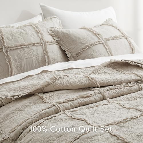 HORIMOTE HOME 100% Cotton Ruffle Quilt Set King Size, Beige Farmhouse