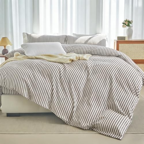 LIFETOWN Striped Duvet Cover Set 100% Washed Cotton Linen Feel Natural