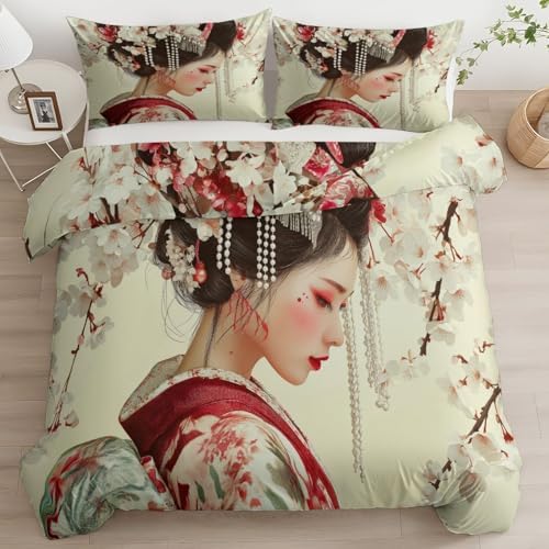 King Duvet Cover Set Japanese Geisha Flowers Soft Microfiber