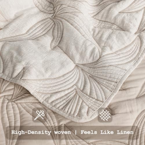 WDCOZY Beige Leaf Embroidered Quilt Set, Queen Size, Lightweight