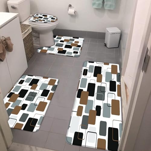 4PC Brown Black Bath Mat Set Modern Geometric Abstract Square Grey