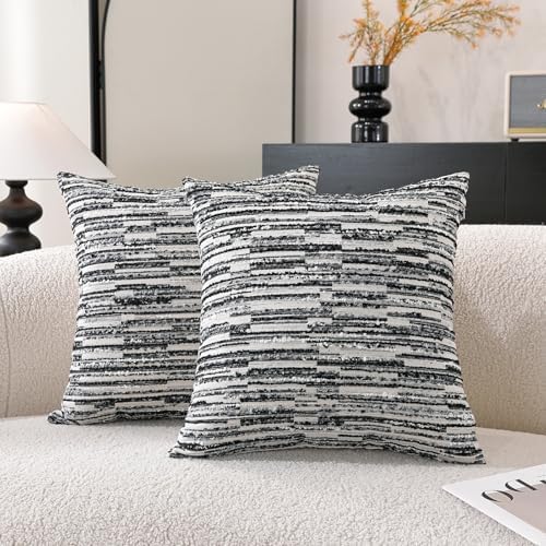 Striped Throw Pillow Covers 18x18 Set of 2 Black Textured Boucle Chic