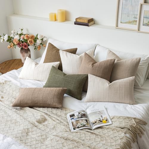 Decorative Linen Check Throw Pillow Covers Set of 2, 20"x20" Olive