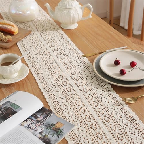 Gemseek 36 Inch Boho Crochet Table Runner, Beige Cotton Lace Table