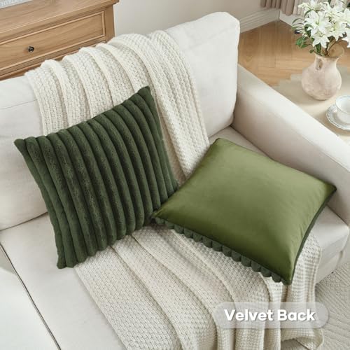 FUTEI Pack of 2 Faux Fur Throw Pillow Covers 22x22 Inch, Olive Green