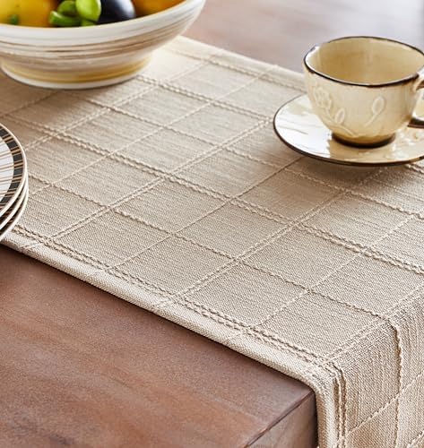 ZeeMart Linen Checked Farmhouse Table Runner, 13x90 Inches Neutral