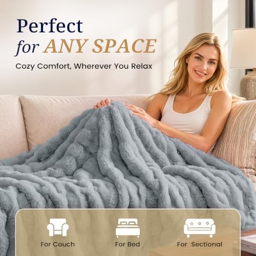 puredown® Faux Rabbit Fur Bubble Throw Blanket for Couch, 60"x80" Gray