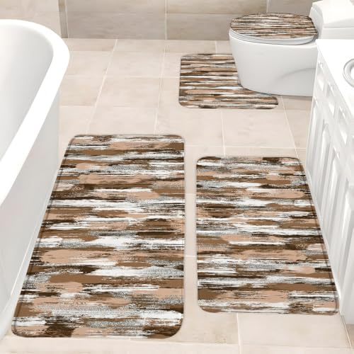 4 Piece Bathroom Rugs Set Brown Stripe Bath Mat Abstract Modern