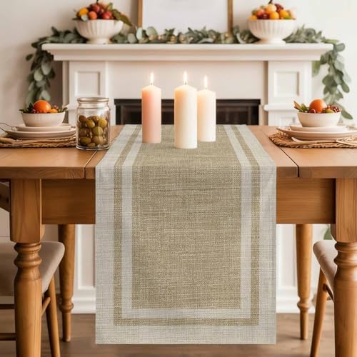 Beige Vintage Table Runner 108 Inches Long, Rustic Farmhouse Retro Art