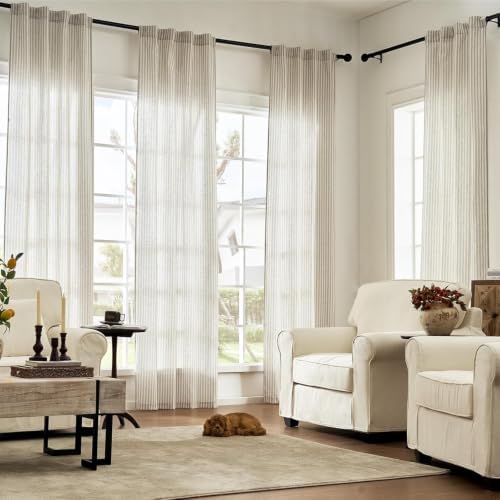 jinchan Linen Curtains 84 Inch Taupe Grey Stripe on Beige Back Tab 4