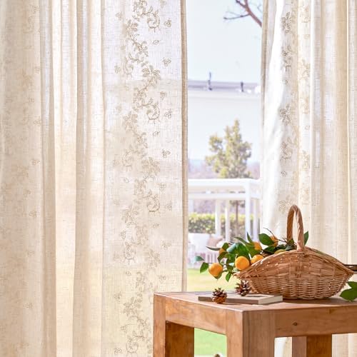 jinchan Floral Linen Curtains, Back Tab 50x63 Inch, 2 Panels Ivory
