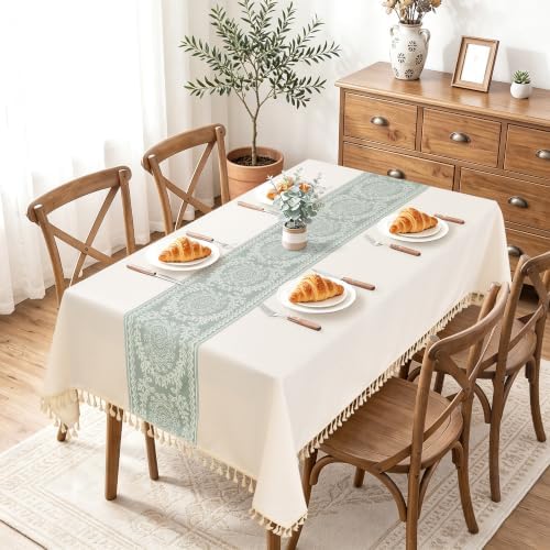DWCN Rectangle Tablecloth Jacquard Faux Linen 55x70 Inch Beige