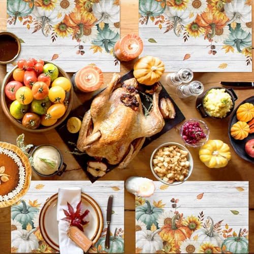 Placemats Set of 8, Thanksgiving Fall Pumpkin Harvest Washable Table