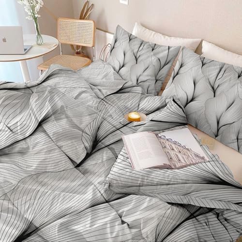 Soft Breathable Microfiber Grey Duvet Cover - Minimalist Modern Leaf