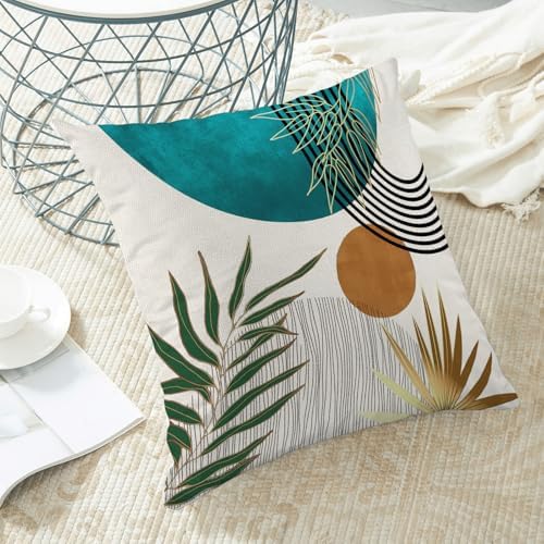Boho Pillow Covers 20x20 Inch 2 Pcs,Aqua Teal Green Gold Tropical Leaf