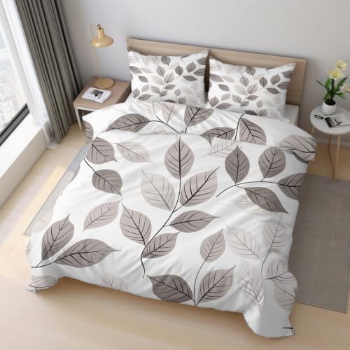 Grey Leaf Bedding King Duvet Cover, Modern Botanical Bedroom Decor