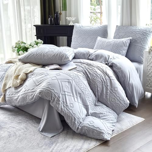 Boho Duvet Cover Queen Size Grey Geometric Tufted 3 Pieces Set