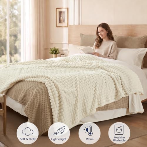 PHF Luxury Soft Fleece Blanket King Size for Bed No-Shed Cream