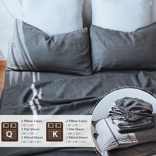 QKTE 100% Natural Linen Sheets Set 4 Piece - Washed Linen Bedding Set