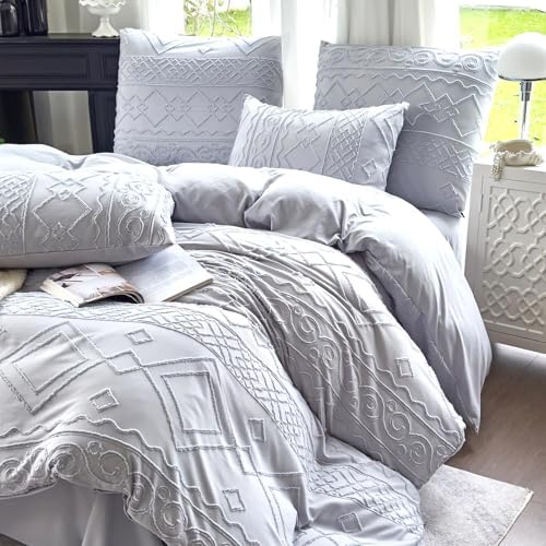 Boho Duvet Cover Queen Size Grey Geometric Tufted 3 Pieces Set