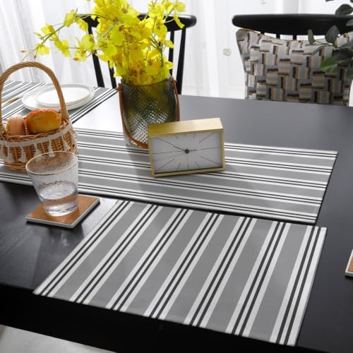 Gray Black and White Stripe Table Runner and Placemats Set of 4