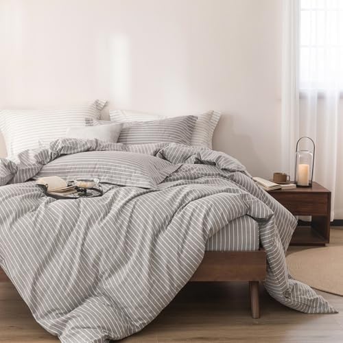 3Pcs Grey White Striped Queen Duvet Cover Set Washed Cotton