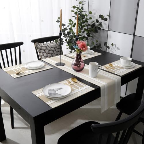 Farmhouse Beige Striped Table Runner and Placemats for Dining