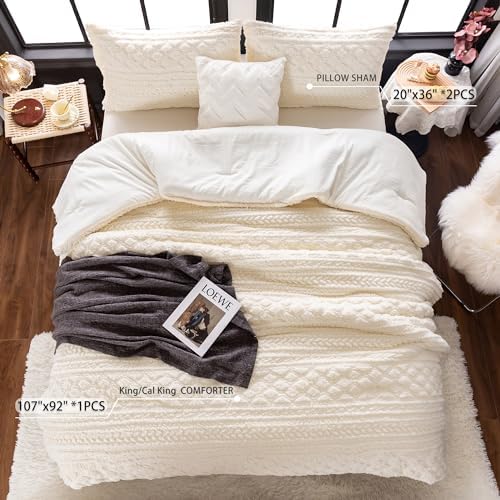 COTTEBED Sherpa Fluffy Comforter Sets KING Size Bed, Boho Tufted Cal