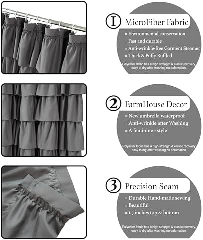 Gray Ruffle Shower Curtains For Bathroom, 72x72, Layered Tiered