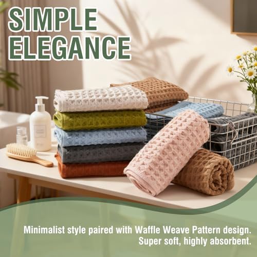HEAVYWOOD Waffle Hand Towels 2pc 100% Cotton Reversible, Soft &