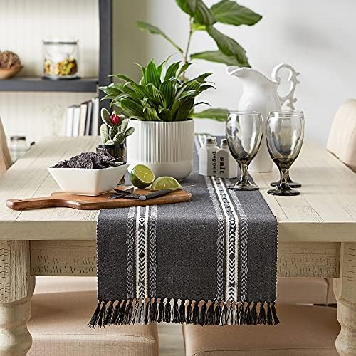 DII Textured Stripe Cotton Table Runner, 14x72 Black Fringed Farmhouse