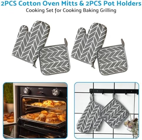 2X Grey Oven Mitts with Pot Holders BBQ Gloves Oven Mitts and Pot