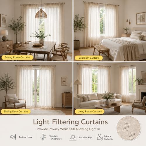 Linen Textured Sheer Boho Curtains for Living Room Rod Pocket Top
