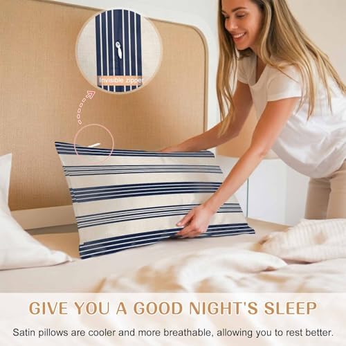 Navy Blue Striped Pillow Cases Queen Size Set of 2, Modern Geometric